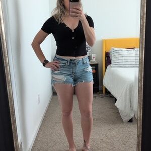 TIMING Ribbed Button-Up Crop Top V-Neck Womens Small Black